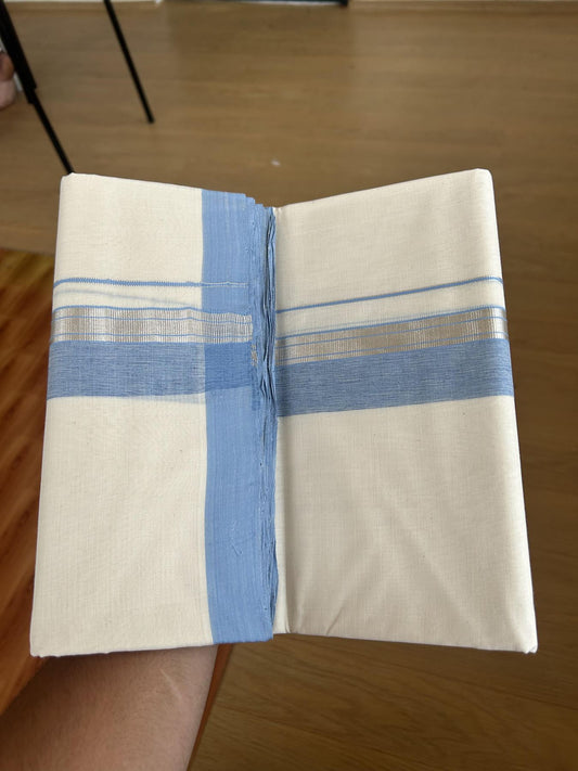 25% Discount ! KaithariKada Handloom Millpaav - Kerala Handloom - 100% Pure Cotton Off White (Unbleached) Double Mundu/Dhoti - 80x90 - 2 inch Silver Kasav & Light Blue Shaded Striped Kara 4 Meters (8.5 Muzham) - 38 KK5386 RAM
