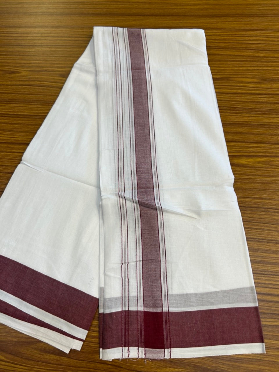 20% Discount! KaithariKada 100% Pure Cotton Pure White - 100x80 thread - NORTH INDIAN - ATTACHED GAMCHA 9x5 Dhoti - 1.75 inch Maroon shaded striped kara - 5 KK5275 PMC