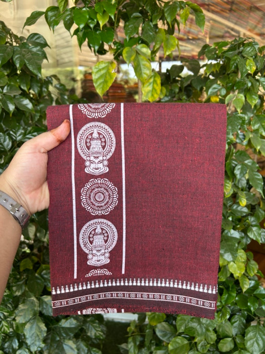 Kaitharikada - Polyster + Cotton - 20s twisted - Single Kaily / Lungi - 2.75 inch White Kadhakali Printed Kuppadam Border with Maroon colour body (2 meter / 4 muzham) -  59 KK8035 GAN