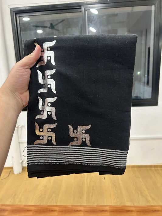 Kaitharikada - Single Kaily / Lungi - Mixed Cotton - 40s twisted - 1.5 inch Silver Kasav Swasthi Printed Design Kara with Black colour body (2 meter / 4 muzham) -  9 KK8061 GAN