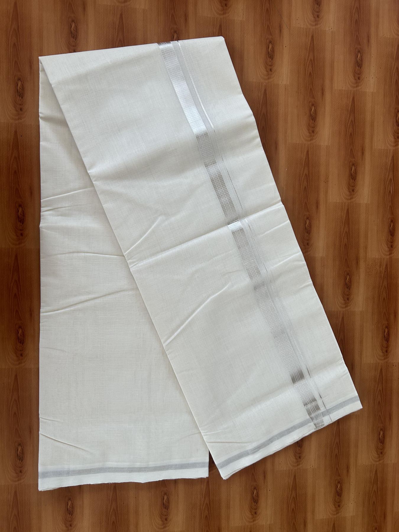 25% Discount ! KaithariKada Handloom Millpaav - Kerala Handloom - 100% Pure Cotton Off White (Unbleached) Double Mundu/Dhoti - 80x90 - 0.75 inch Silver Kasav striped Kara 4 Meters (8.5 Muzham) - 44 KK5386 RAM