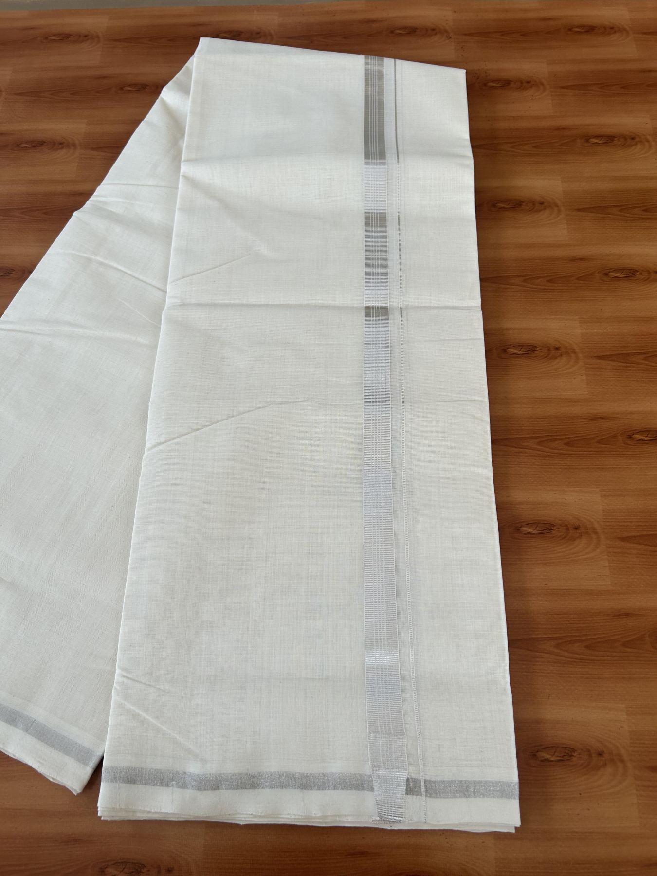 25% Discount ! KaithariKada Handloom Millpaav - Kerala Handloom - 100% Pure Cotton Off White (Unbleached) Double Mundu/Dhoti - 80x90 - 0.75 inch Silver Kasav striped Kara 4 Meters (8.5 Muzham) - 44 KK5386 RAM