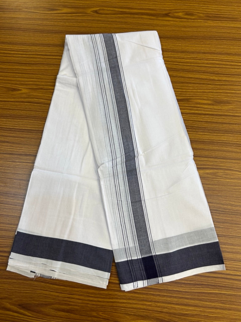 20% Discount! KaithariKada 100% Pure Cotton Pure White - 100x80 thread - NORTH INDIAN - ATTACHED GAMCHA 9x5 Dhoti - 1.75 inch Navy Blue shaded striped kara - 6 KK5275 PMC