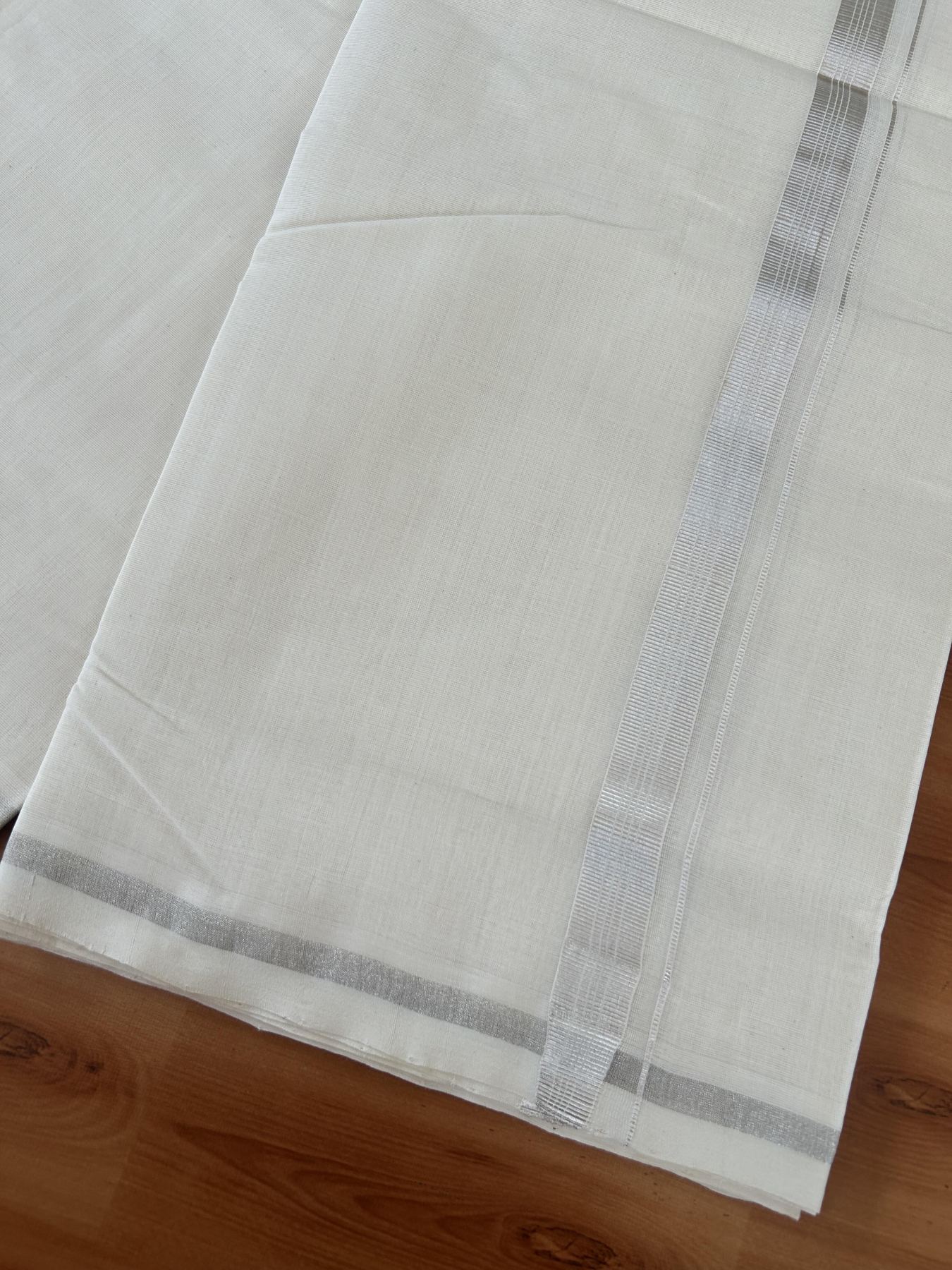25% Discount ! KaithariKada Handloom Millpaav - Kerala Handloom - 100% Pure Cotton Off White (Unbleached) Double Mundu/Dhoti - 80x90 - 0.75 inch Silver Kasav striped Kara 4 Meters (8.5 Muzham) - 44 KK5386 RAM