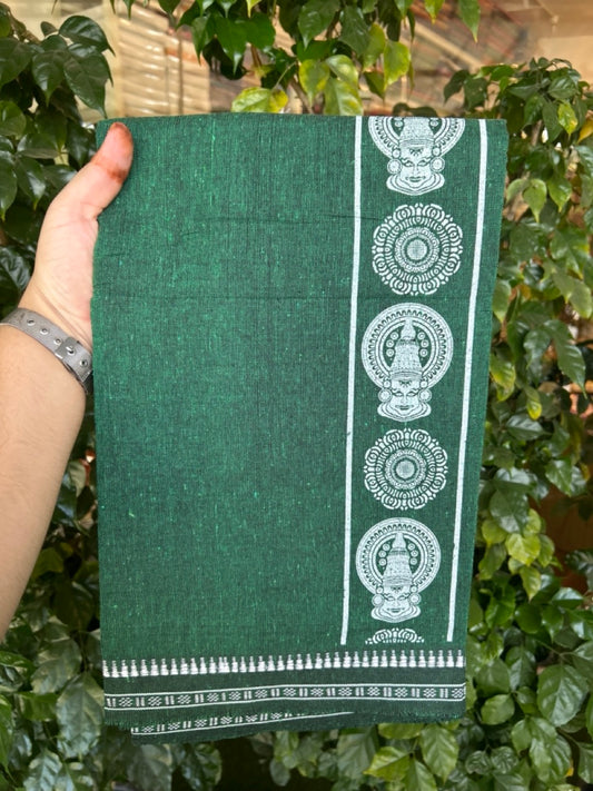 Kaitharikada - Polyster + Cotton - 20s twisted - Single Kaily / Lungi - 2.75 inch White Kadhakali Printed Kuppadam Border with Green colour body (2 meter / 4 muzham) -  58 KK8035 GAN