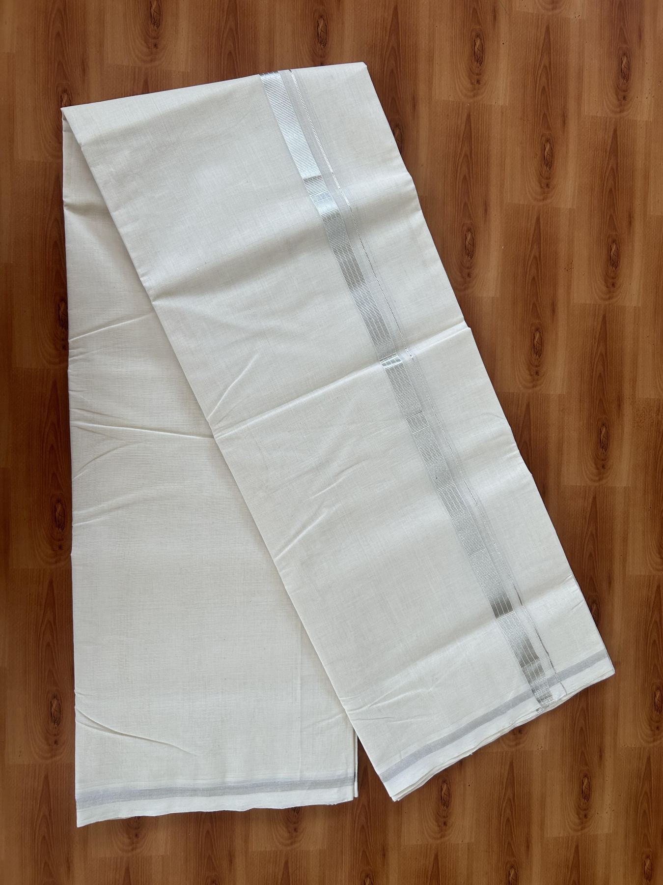 25% Discount ! KaithariKada Handloom Millpaav - Kerala Handloom - 100% Pure Cotton Off White (Unbleached) Double Mundu/Dhoti - 80x90 - 0.75 inch Silver Kasav striped Kara 4 Meters (8.5 Muzham) - 45 KK5386 RAM