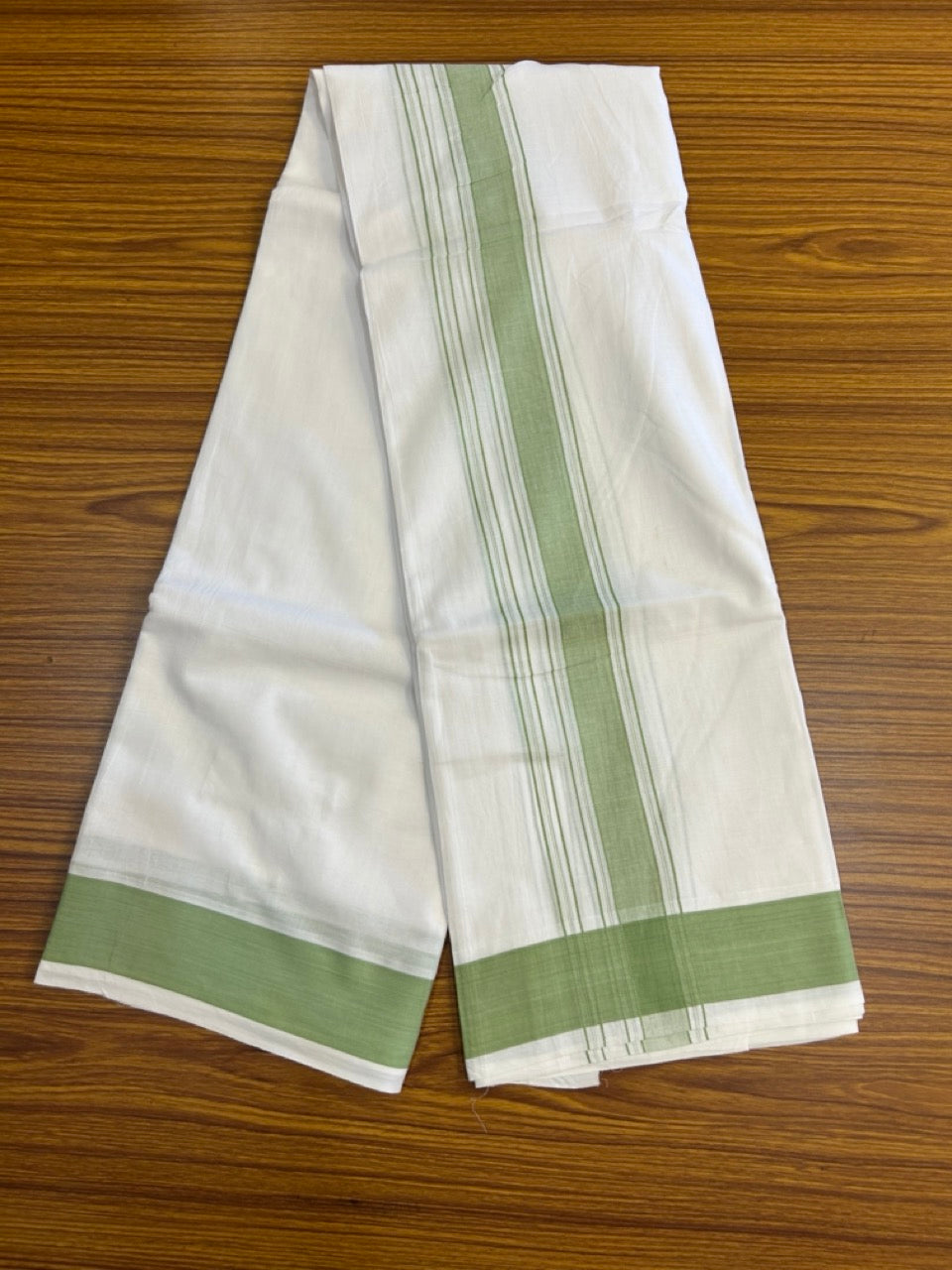 20% Discount! KaithariKada 100% Pure Cotton Pure White - 100x80 thread - NORTH INDIAN - ATTACHED GAMCHA 9x5 Dhoti - 1.75 inch Light Green shaded striped kara - 4 KK5275 PMC
