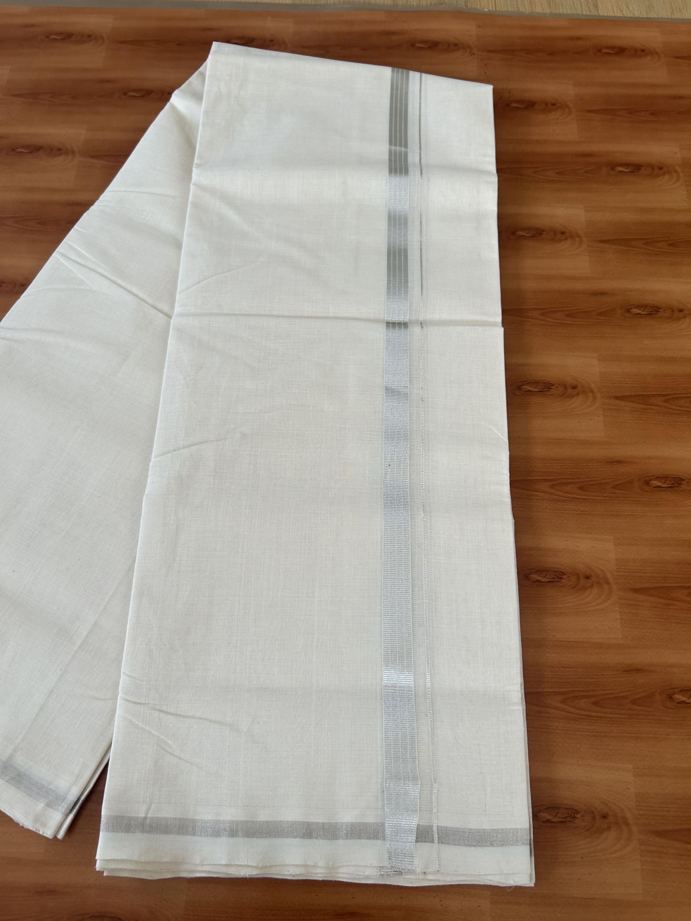 25% Discount ! KaithariKada Handloom Millpaav - Kerala Handloom - 100% Pure Cotton Off White (Unbleached) Double Mundu/Dhoti - 80x90 - 0.75 inch Silver Kasav striped Kara 4 Meters (8.5 Muzham) - 45 KK5386 RAM