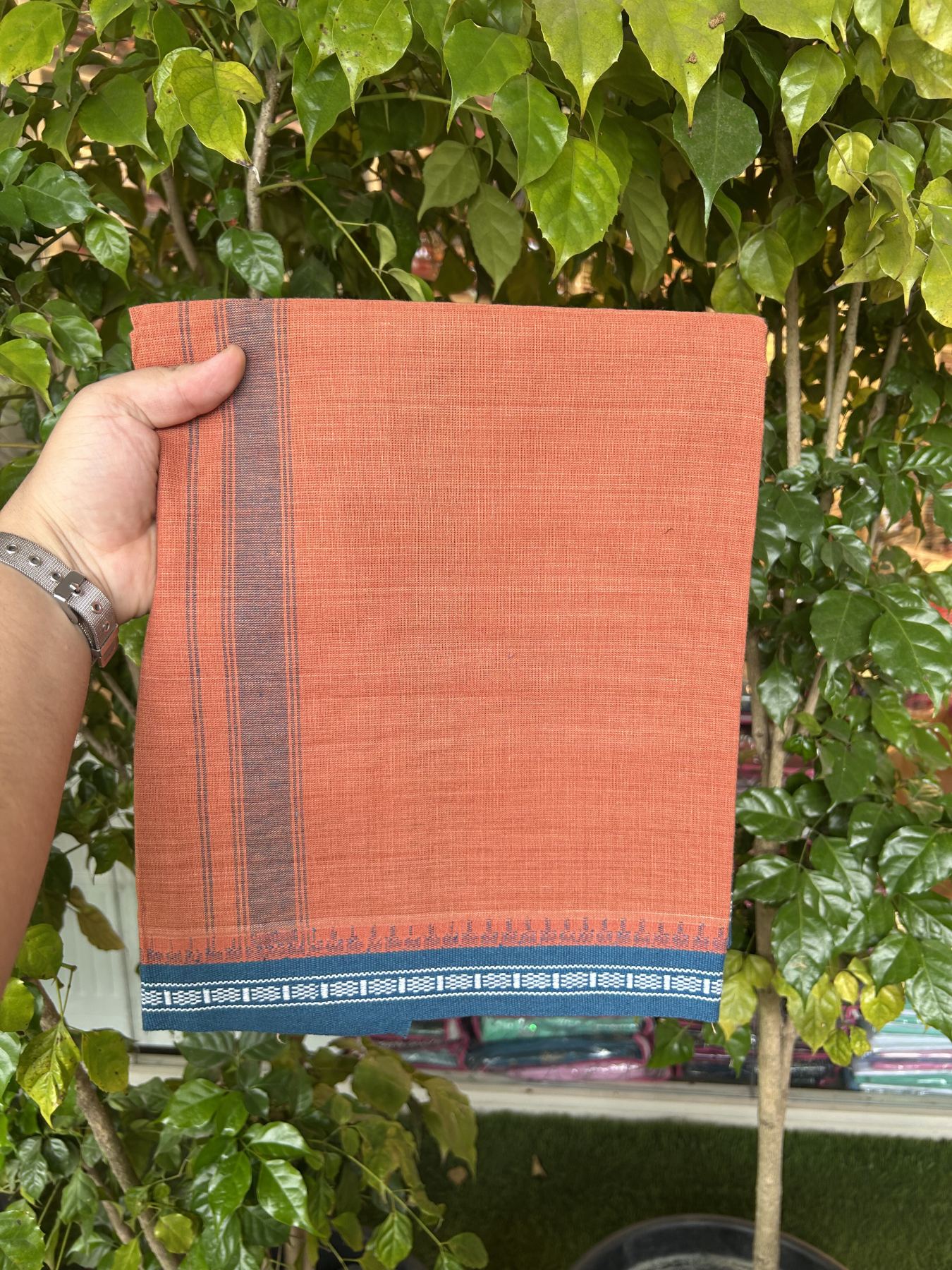 Premium Kathar Type Kavi mund Pure Cotton - Single Mundu Kaitharikada Special - Kaily / Lungi - 60s - 1.25 inch Peacock Blue Striped kara with Kavi Body Kuppadam Border 2.25 mtr (4.82 muzham) - 3 KK5317 KUT