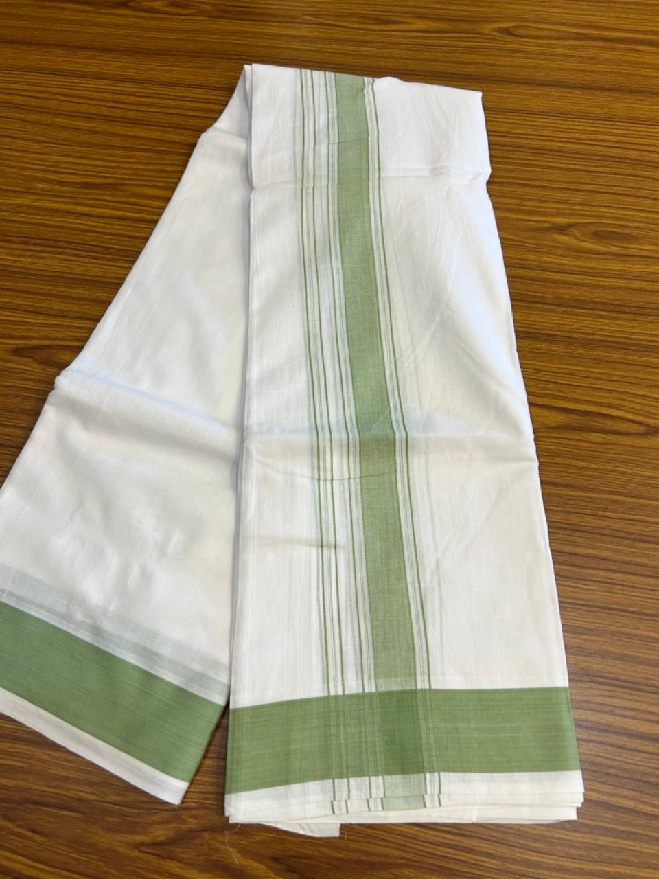 20% Discount! KaithariKada 100% Pure Cotton Pure White - 100x80 thread - NORTH INDIAN - ATTACHED GAMCHA 9x5 Dhoti - 1.75 inch Light Green shaded striped kara - 4 KK5275 PMC
