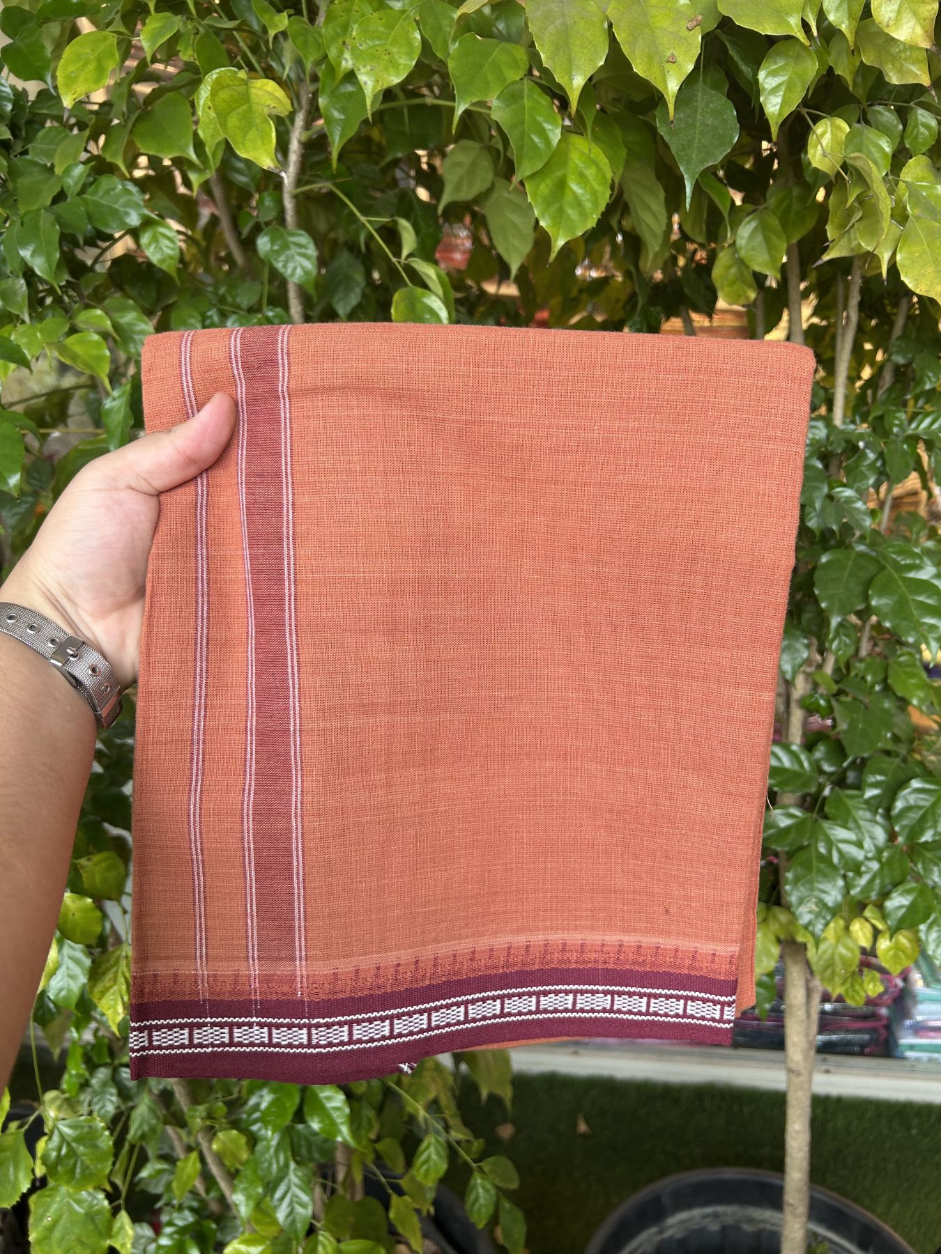 Premium Kathar Type Kavi mund Pure Cotton - Single Mundu Kaitharikada Special - Kaily / Lungi - 60s - 1 inch Maroon white Striped kara with Kavi Body Kuppadam Border 2.25 mtr (4.82 muzham) - 4 KK5317 KUT
