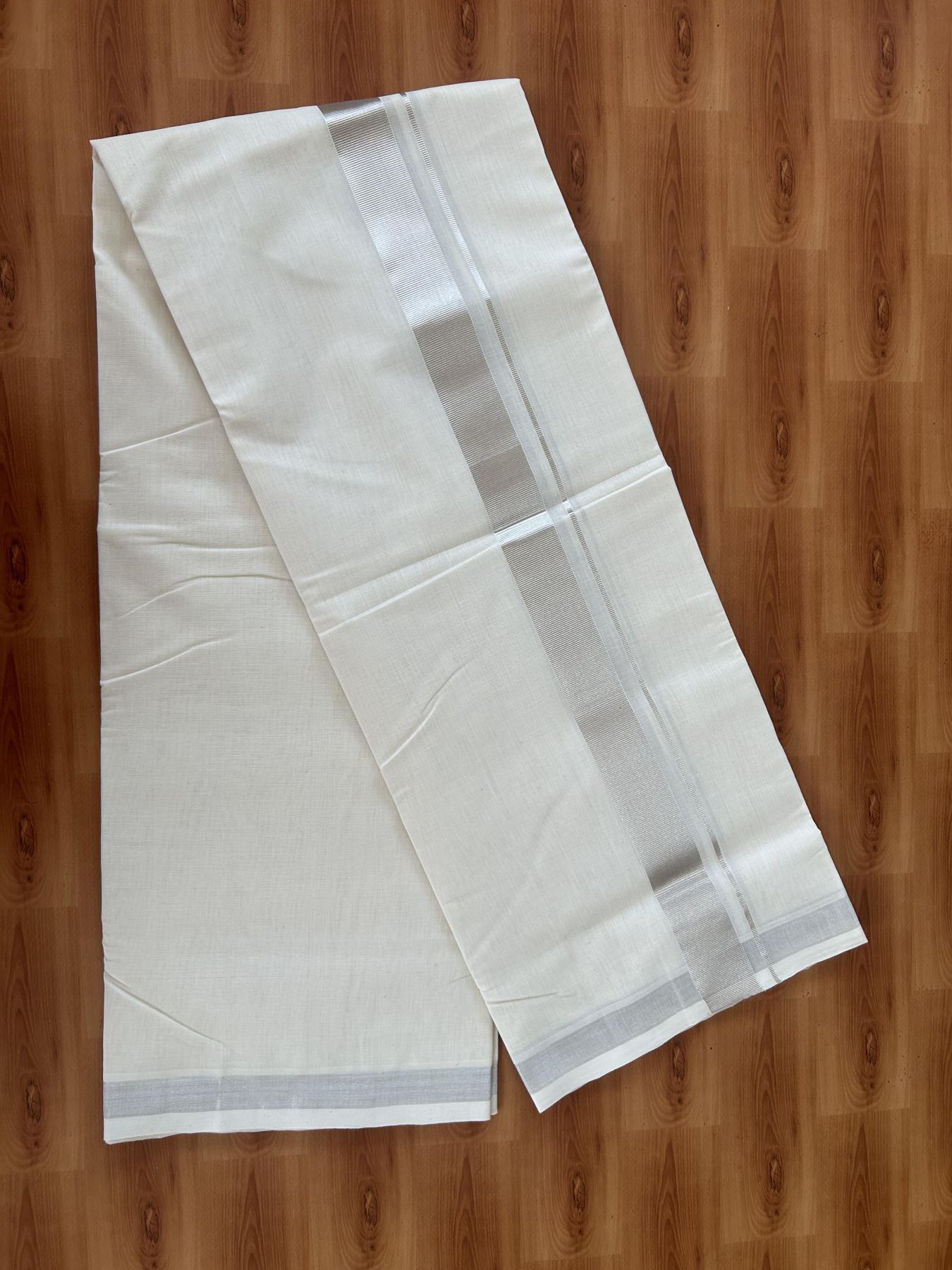 25% Discount ! KaithariKada Handloom Millpaav - Kerala Handloom - 100% Pure Cotton Off White (Unbleached) Double Mundu/Dhoti - 80x90 - 1.5 inch Silver Kasav Kara 4 Meters (8.5 Muzham) - 41 KK5386 RAM