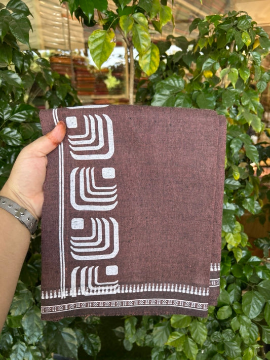 Kaitharikada - Polyster + Cotton - 20s twisted - Single Kaily / Lungi - 2.5 inch White Printed Kuppadam Border with Brown colour body (2 meter / 4 muzham) -  73 KK8035 GAN