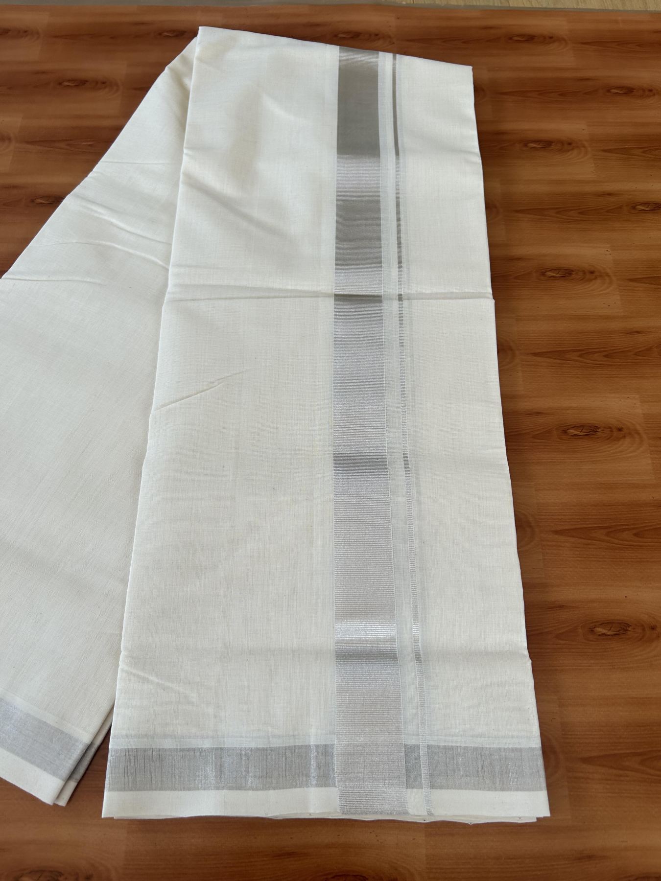 25% Discount ! KaithariKada Handloom Millpaav - Kerala Handloom - 100% Pure Cotton Off White (Unbleached) Double Mundu/Dhoti - 80x90 - 1.5 inch Silver Kasav Kara 4 Meters (8.5 Muzham) - 41 KK5386 RAM