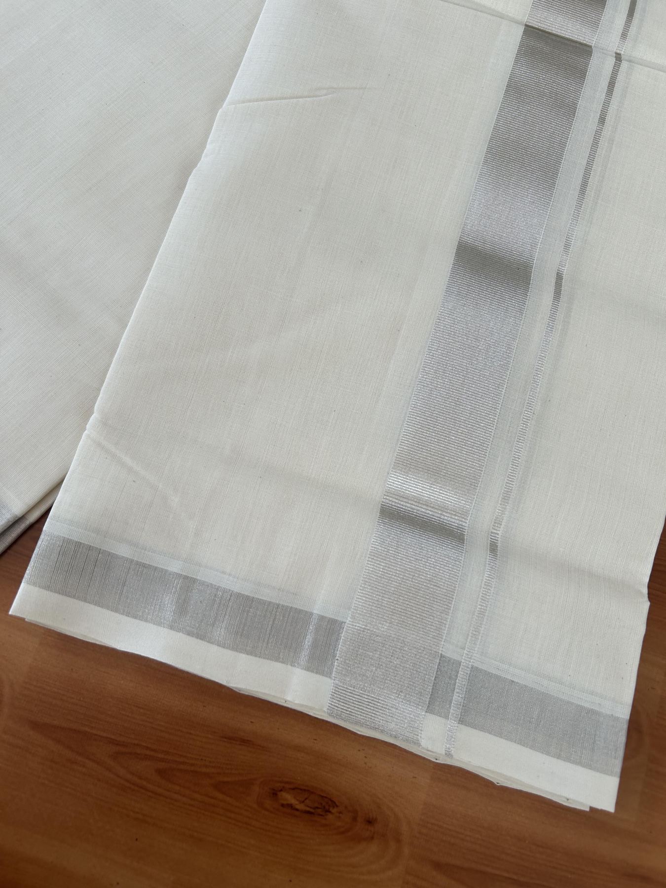 25% Discount ! KaithariKada Handloom Millpaav - Kerala Handloom - 100% Pure Cotton Off White (Unbleached) Double Mundu/Dhoti - 80x90 - 1.5 inch Silver Kasav Kara 4 Meters (8.5 Muzham) - 41 KK5386 RAM