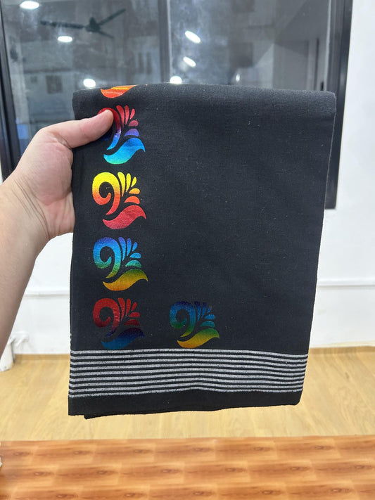 Kaitharikada - Single Kaily / Lungi - Mixed Cotton - 40s twisted - 1.5 inch Multi Colour Printed Design Kara with Black colour body (2 meter / 4 muzham) - 11 KK8061 GAN