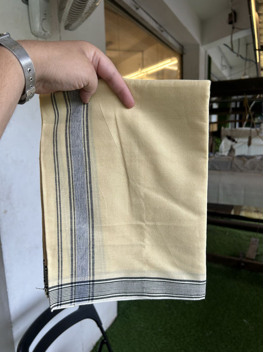 Kaitharikada Special - Pure Cotton - Single Mundu - Kaily / Lungi - 60s - 1.25 inch Black shaded striped kara with Light Yellow colour Body 1.90 mtr (4 muzham) - 13 KK5317 KUT