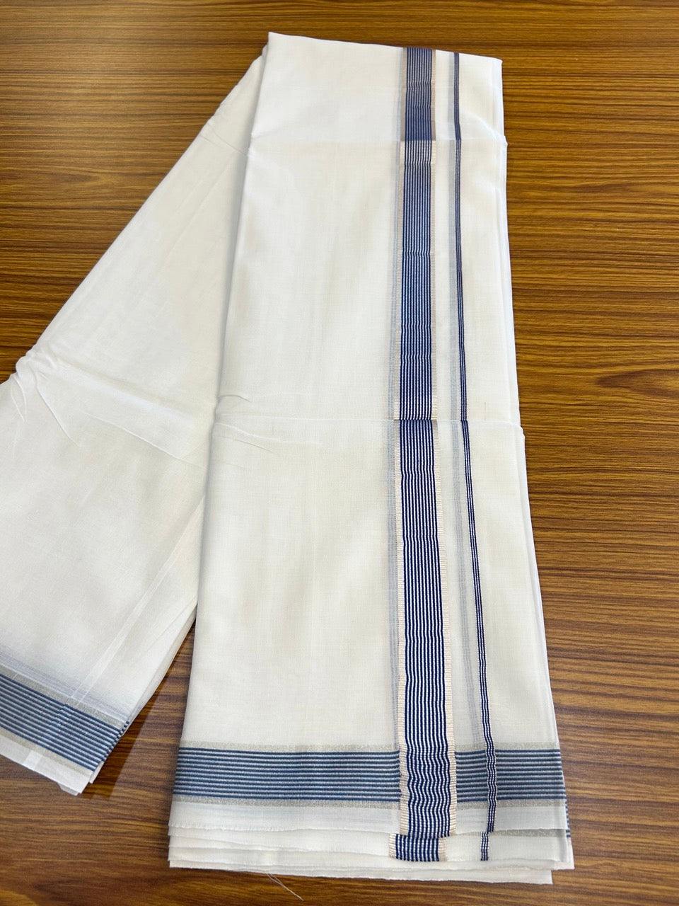 20% Discount ! KaithariKada Balaramapuram 100% Mercerised Cotton Double Ultra Pure white Mundu/Dhoti - 80x80 - 1.25 inch Blue & Silver Kasavu Striped Kara - 109 KK5251 PMC