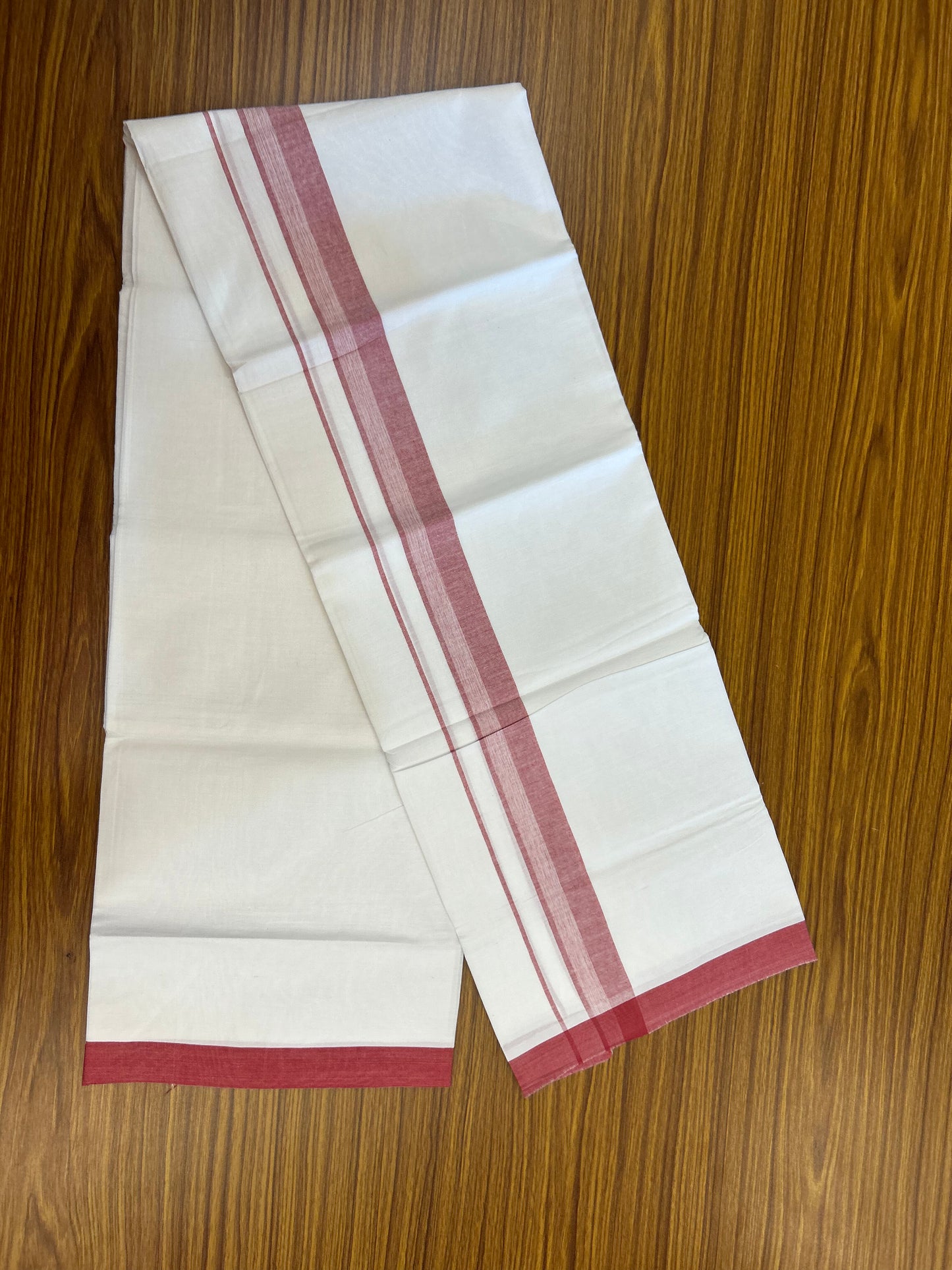 KaithariKada Balaramapuram 100% Cotton Single Pure White Mundu/Dhoti - (40s) - 1.5 inch Maroon Shaded Stripes kara 2 mtr (4 muzham) - 66 KK5371 THI