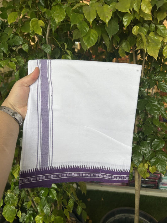 Premium Kathar Type Mercerised Pure Cotton Single Mundu Kaitharikada Special - Kaily / Lungi - 60s - 1.5 inch Violet Striped kara with White colour Body Kuppadam Border 2.25 mtr (4.82 muzham) - 11 KK5317 KUT