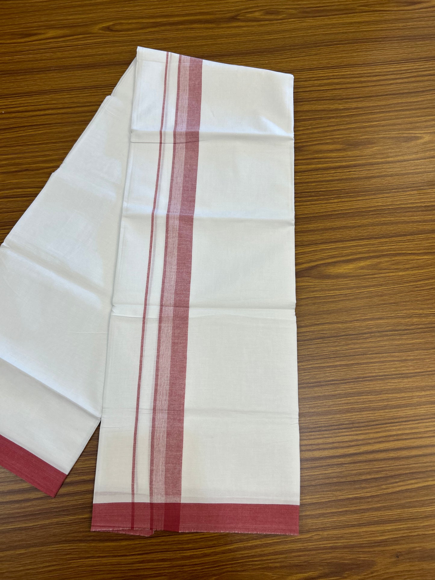 KaithariKada Balaramapuram 100% Cotton Single Pure White Mundu/Dhoti - (40s) - 1.5 inch Maroon Shaded Stripes kara 2 mtr (4 muzham) - 66 KK5371 THI