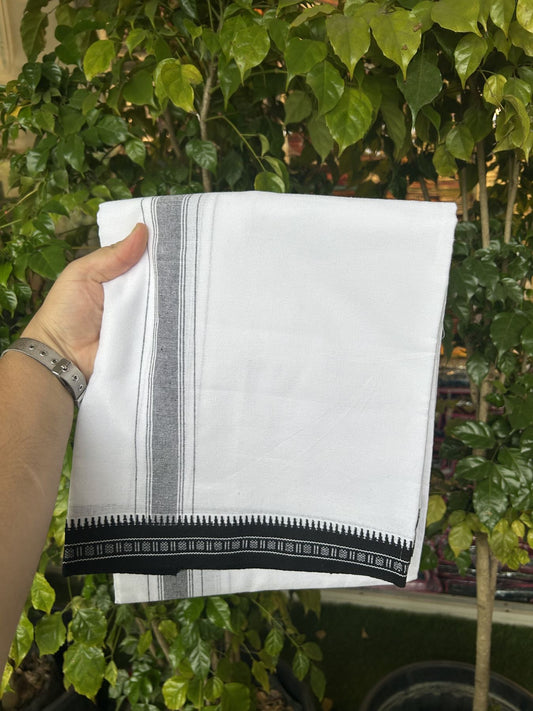 Premium Kathar Type Mercerised Pure Cotton Single Mundu Kaitharikada Special - Kaily / Lungi - 60s - 1.75 inch Black Striped kara with White colour Body Kuppadam Border 2.25 mtr (4.82 muzham) - 9 KK5317 KUT