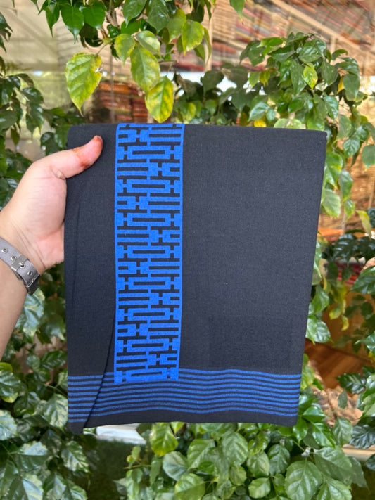 Kaitharikada - Polyster + Cotton - 20s twisted - Single Kaily / Lungi - 2.5 inch Blue Printed with Black colour body (2 meter / 4 muzham) -  70 KK8035 GAN
