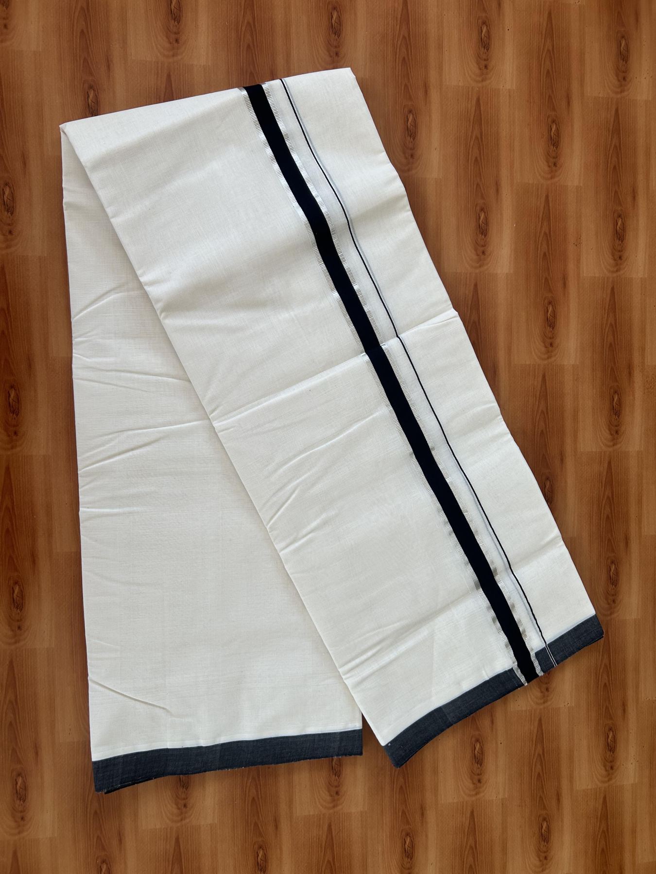 25% Discount ! KaithariKada Handloom Millpaav - Kerala Handloom - 100% Pure Cotton Off White (Unbleached) Double Mundu/Dhoti - 80x90 - 1 inch Silver Kasav & Black Kara 4 Meters (8.5 Muzham) - 39 KK5386 RAM