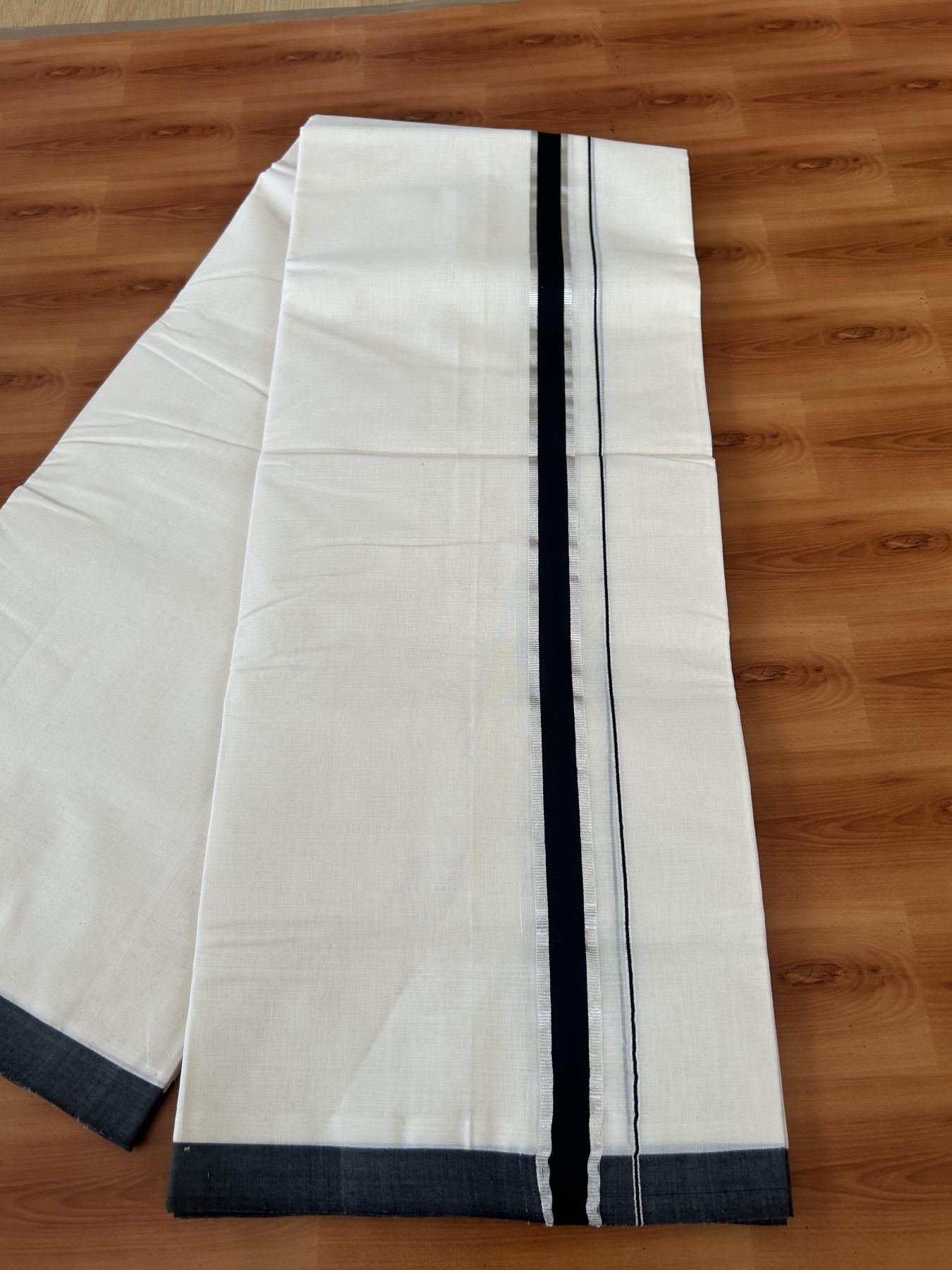 25% Discount ! KaithariKada Handloom Millpaav - Kerala Handloom - 100% Pure Cotton Off White (Unbleached) Double Mundu/Dhoti - 80x90 - 1 inch Silver Kasav & Black Kara 4 Meters (8.5 Muzham) - 39 KK5386 RAM