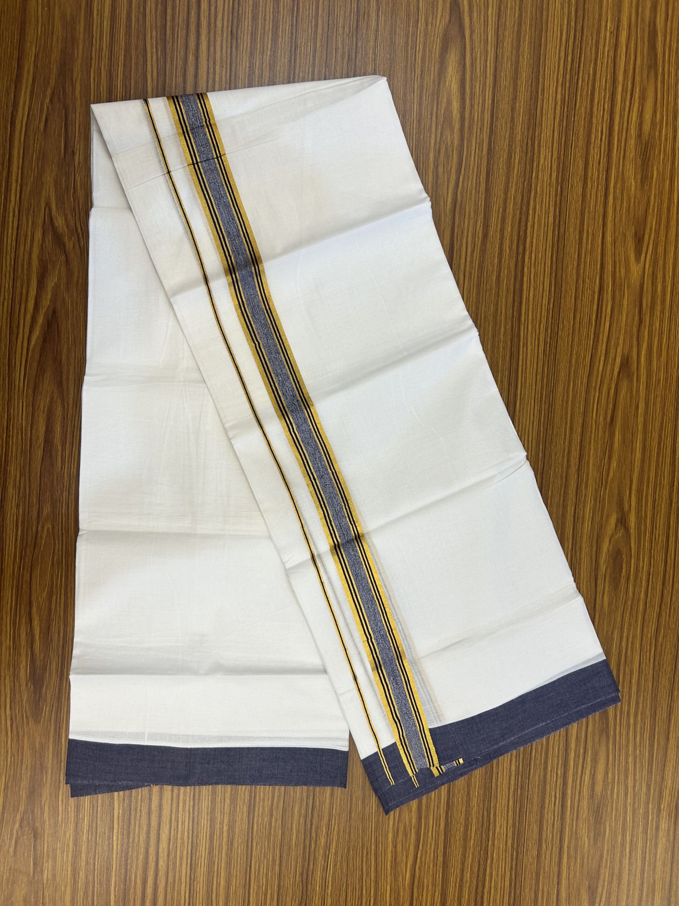 20% Discount! KaithariKada Balaramapuram 100% Cotton Double Pure white Mundu/Dhoti- 100x80 - 1.25 inch Gold Kasav & Dark Blue Stripes kara 3.75 mtr ( 8 muzham) - 13 KK5318 VAS