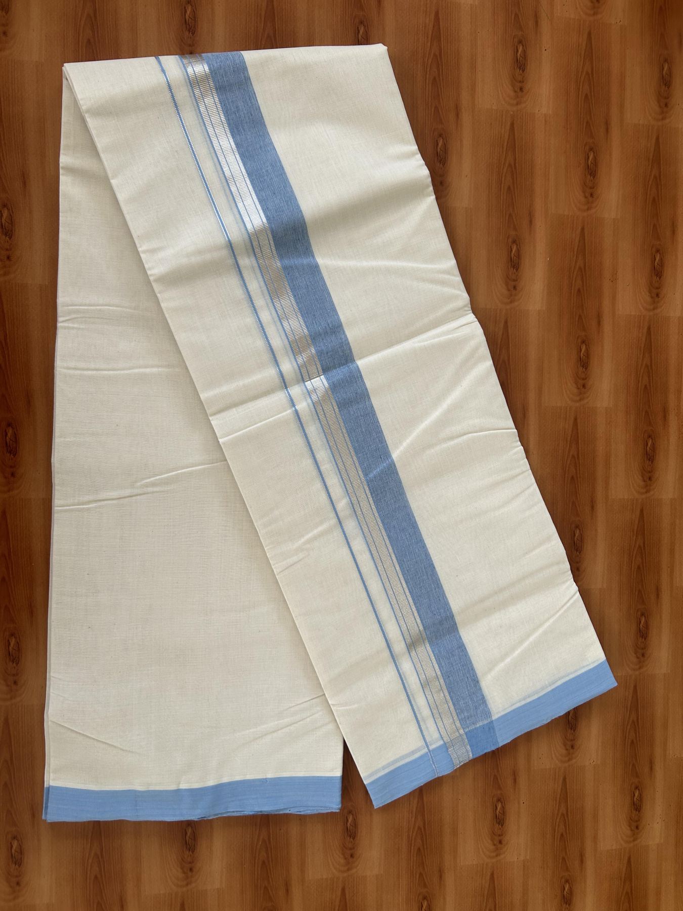 25% Discount ! KaithariKada Handloom Millpaav - Kerala Handloom - 100% Pure Cotton Off White (Unbleached) Double Mundu/Dhoti - 80x90 - 2 inch Silver Kasav & Light Blue Shaded Striped Kara 4 Meters (8.5 Muzham) - 38 KK5386 RAM