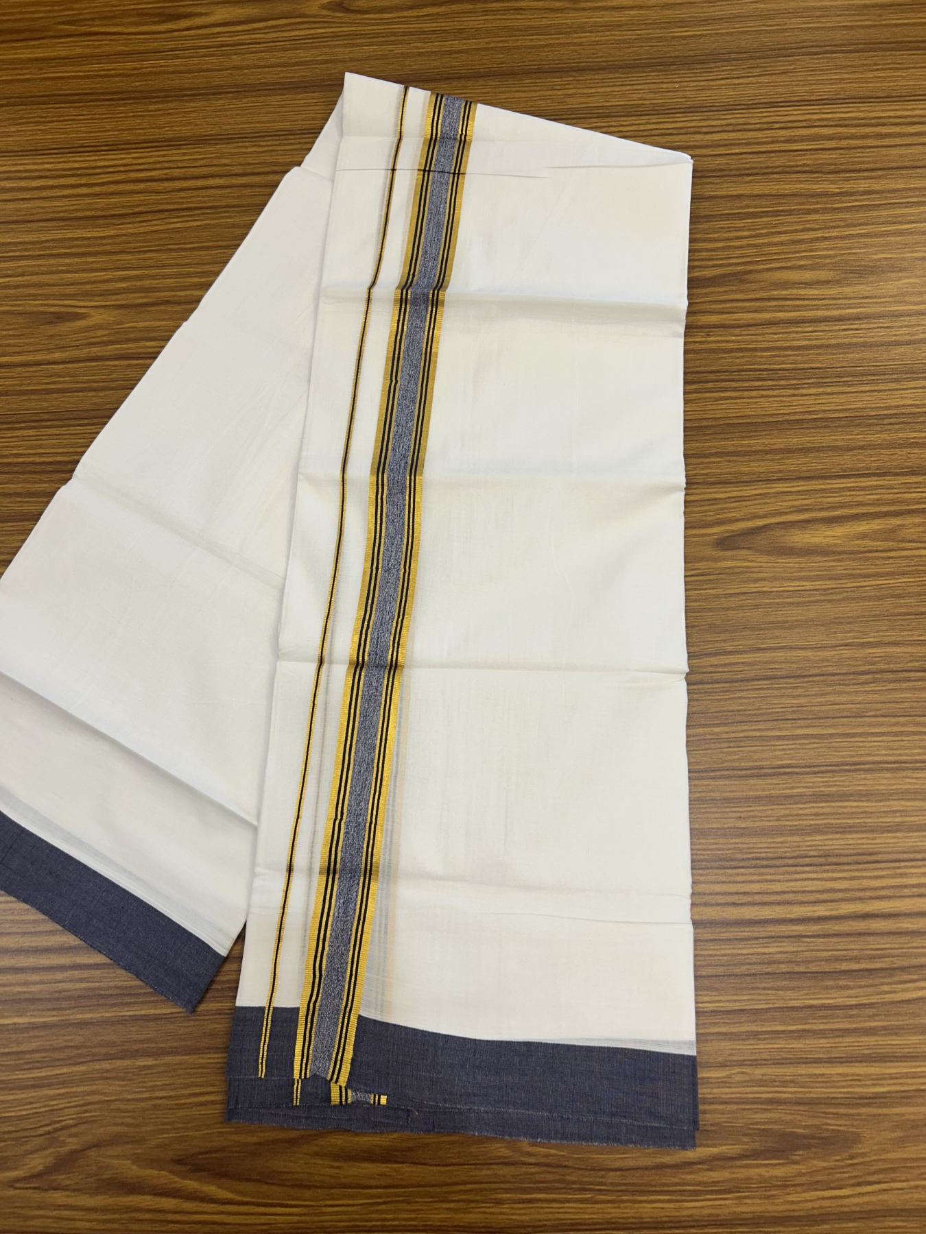 20% Discount! KaithariKada Balaramapuram 100% Cotton Double Pure white Mundu/Dhoti- 100x80 - 1.25 inch Gold Kasav & Dark Blue Stripes kara 3.75 mtr ( 8 muzham) - 13 KK5318 VAS