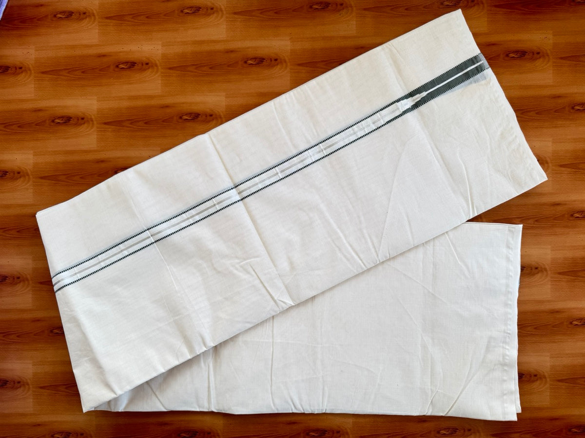 Double Off white Kerala Mundu / Dhoti - 20% Discount! KaithariKada 100% Cotton - 100x100 - Muthukuri Sage green Chutty & Silver Kasav kara 4 mtr (8.5 muzham) - 1 KK5486 ASH