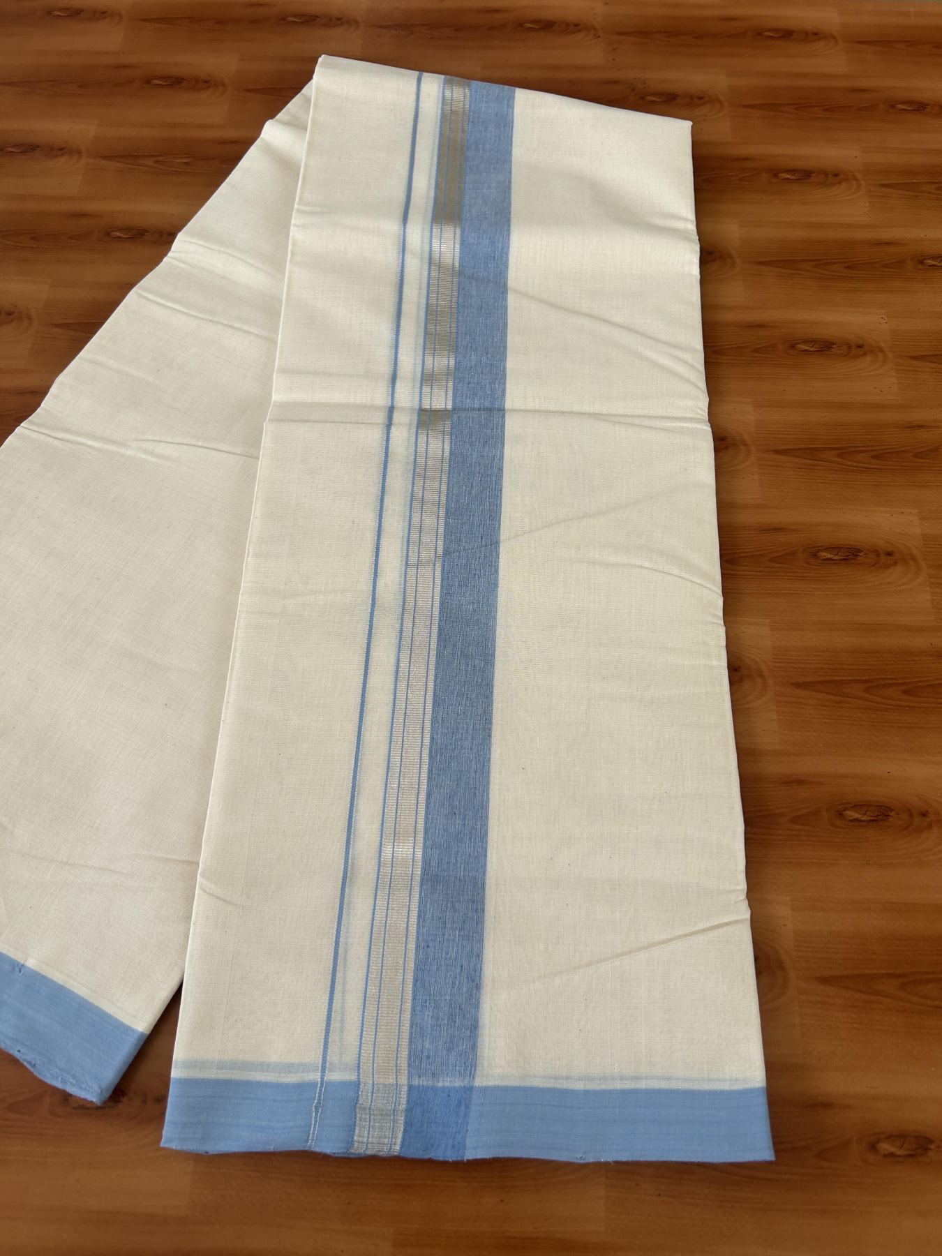 25% Discount ! KaithariKada Handloom Millpaav - Kerala Handloom - 100% Pure Cotton Off White (Unbleached) Double Mundu/Dhoti - 80x90 - 2 inch Silver Kasav & Light Blue Shaded Striped Kara 4 Meters (8.5 Muzham) - 38 KK5386 RAM