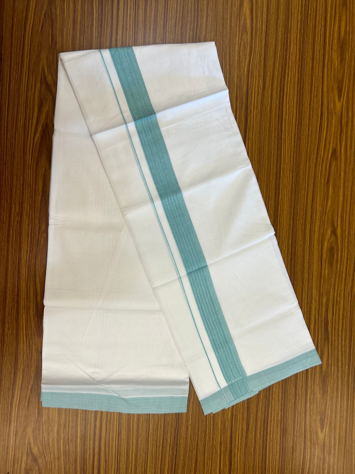 20% Discount ! Kaitharikada Balaramapuram 100% Cotton Pure White Double Mundu/Dothi - 100x100 - 1.5 inch Turquoise Green Striped Kara - 41 KK5371 GAN