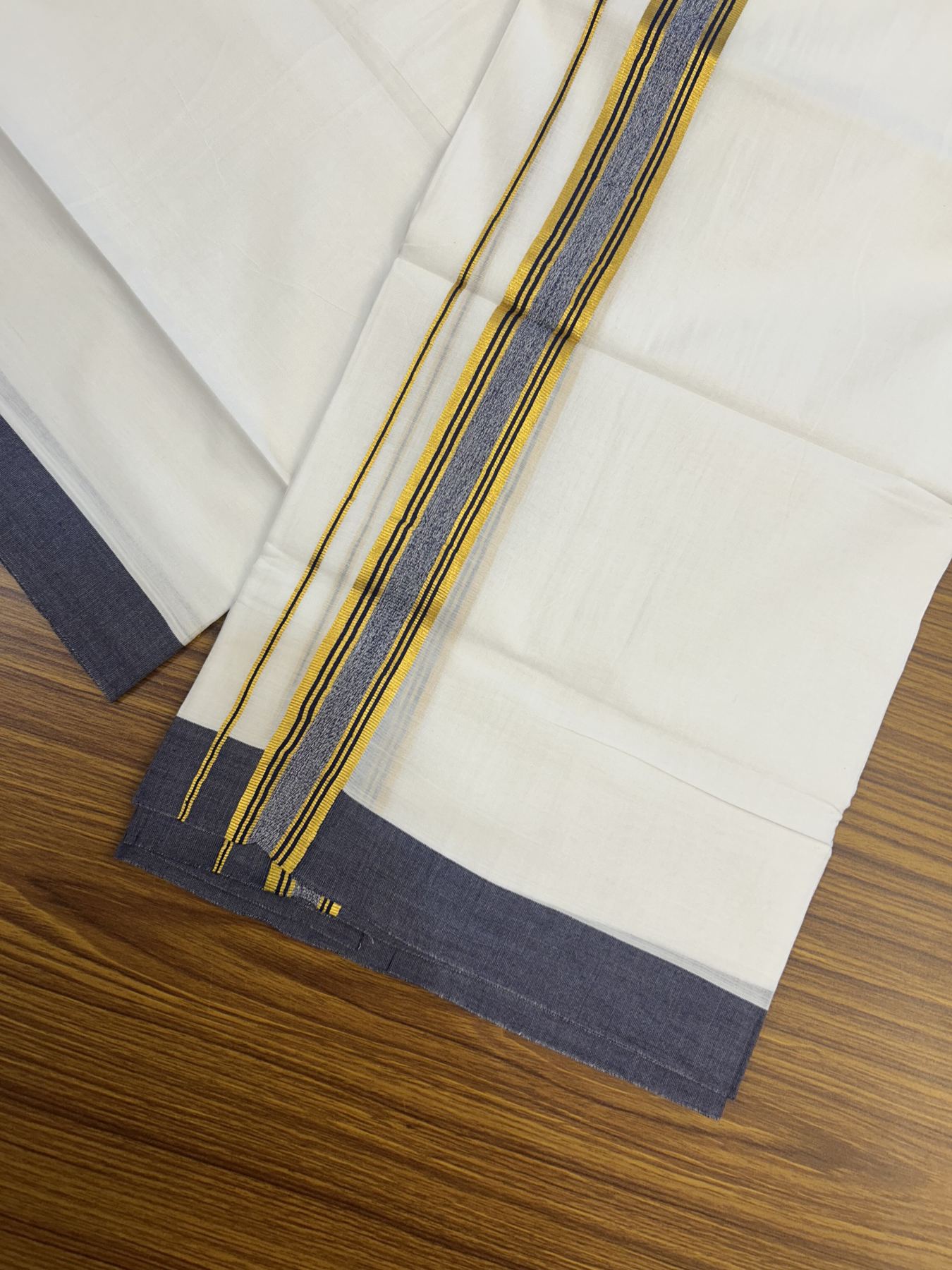 20% Discount! KaithariKada Balaramapuram 100% Cotton Double Pure white Mundu/Dhoti- 100x80 - 1.25 inch Gold Kasav & Dark Blue Stripes kara 3.75 mtr ( 8 muzham) - 13 KK5318 VAS