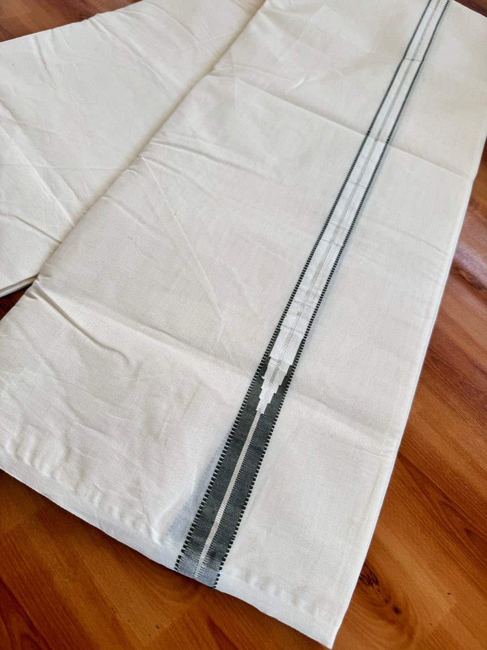 Double Off white Kerala Mundu / Dhoti - 20% Discount! KaithariKada 100% Cotton - 100x100 - Muthukuri Sage green Chutty & Silver Kasav kara 4 mtr (8.5 muzham) - 1 KK5486 ASH