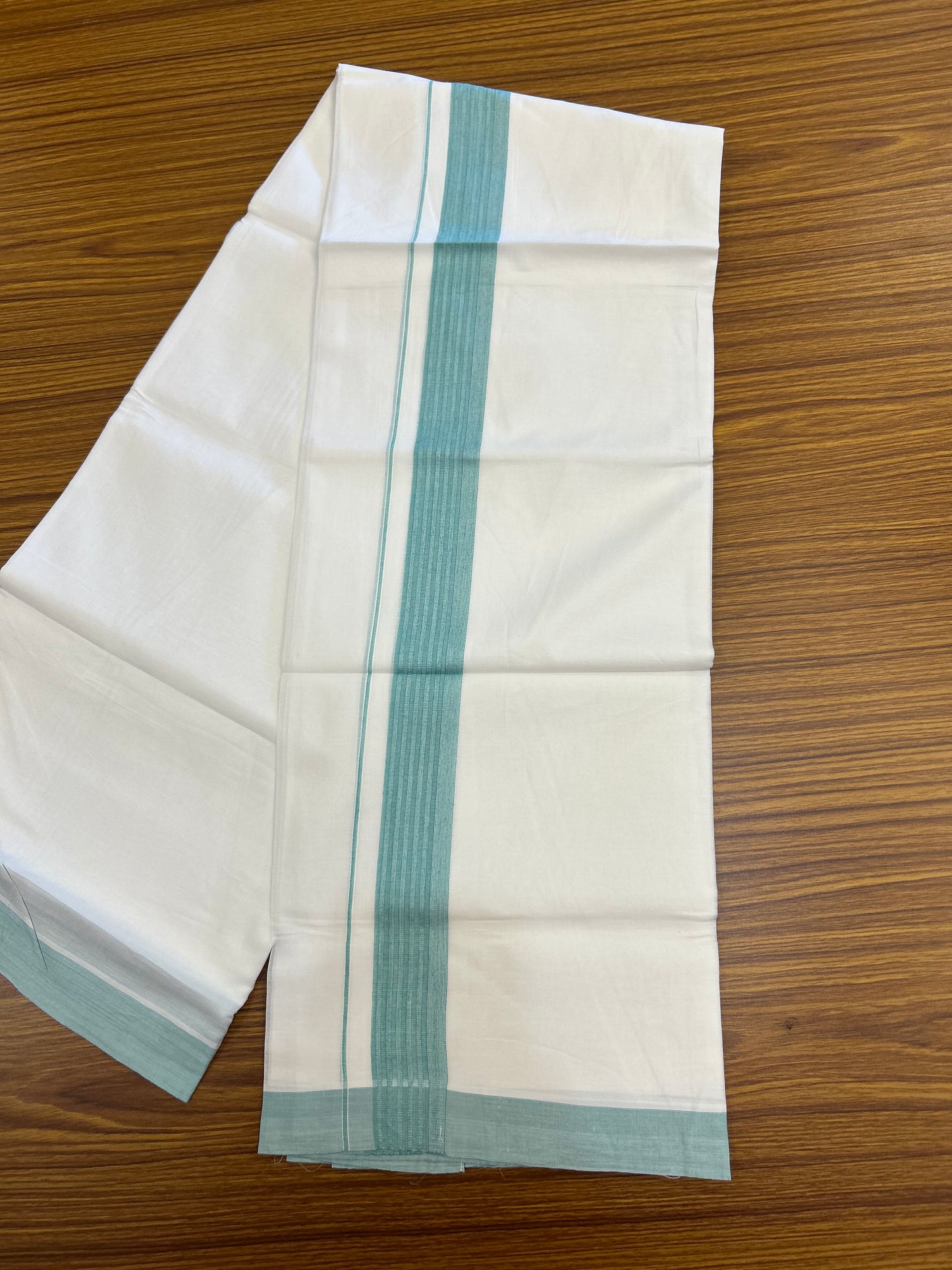20% Discount ! Kaitharikada Balaramapuram 100% Cotton Pure White Double Mundu/Dothi - 100x100 - 1.5 inch Turquoise Green Striped Kara - 41 KK5371 GAN