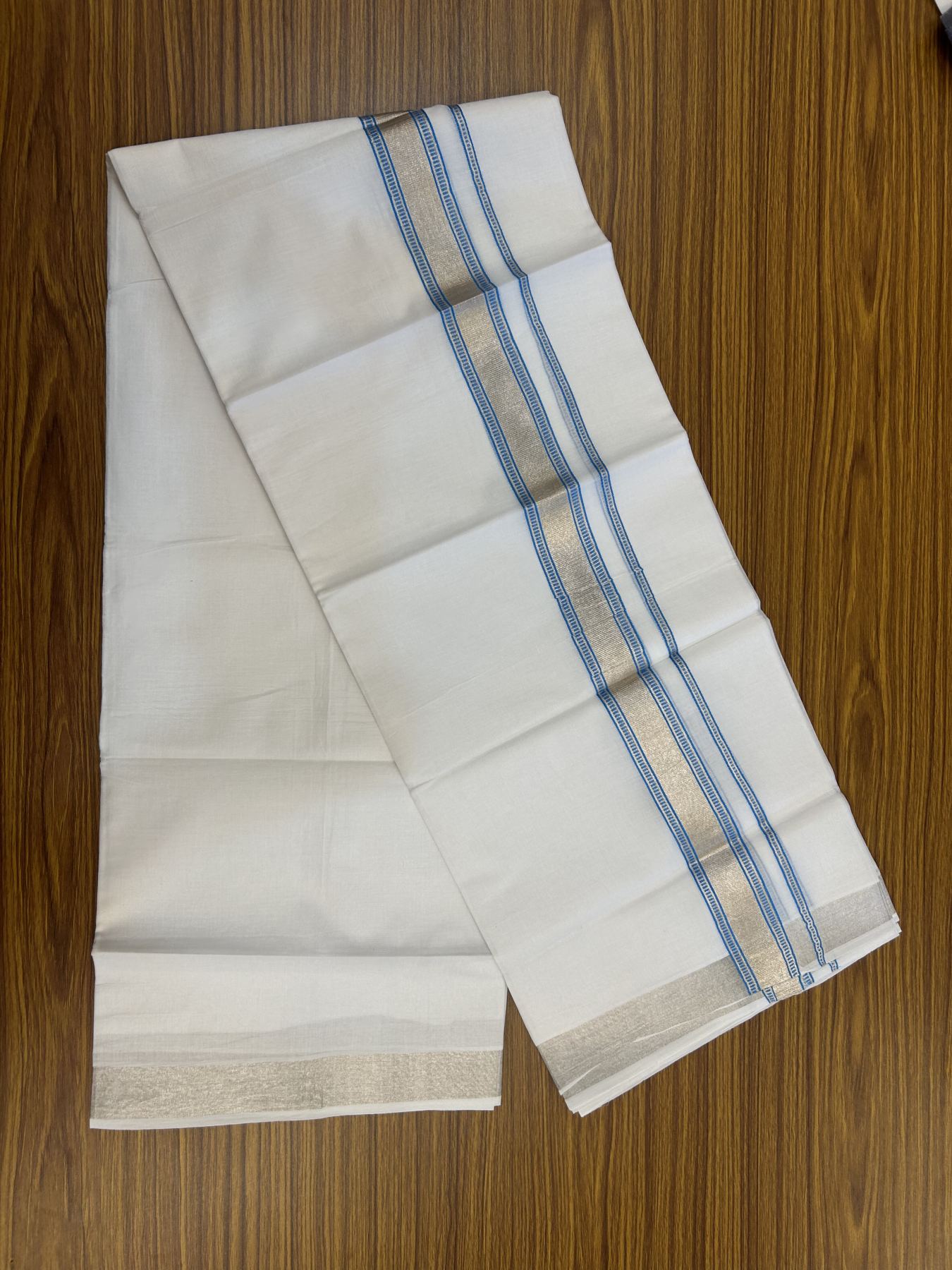20% Discount!! KaithariKada Balaramapuram 100% Cotton Double Pure White Mundu/Dhoti - 100x100 - 1.5 inch Silver Kasav & Light Blue Design Kara 3.90 mtr (8 muzham) - 3 KK5318 GAN
