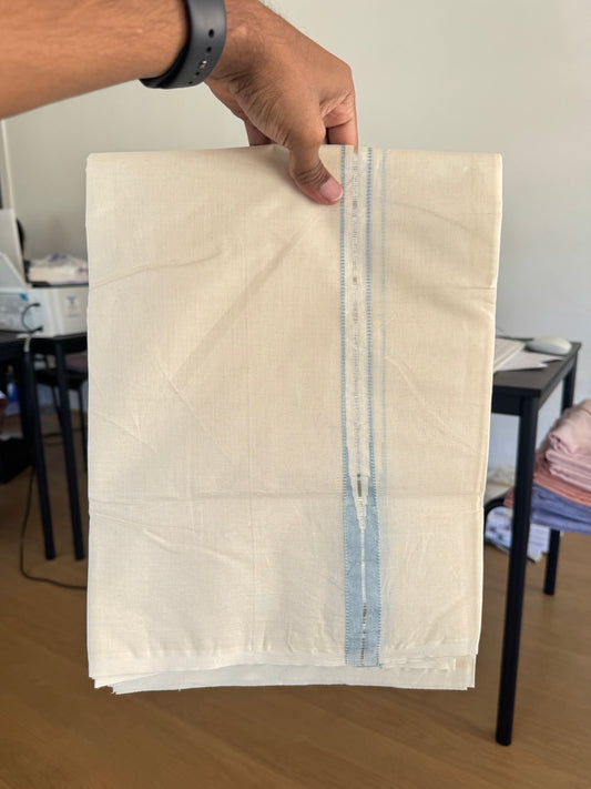 Double Off white Kerala Mundu / Dhoti - 20% Discount! KaithariKada 100% Cotton - 100x100 - Muthukuri Light Sky Blue Chutty & Silver Kasav kara 4 mtr (8.5 muzham) - 2 KK5486 ASH