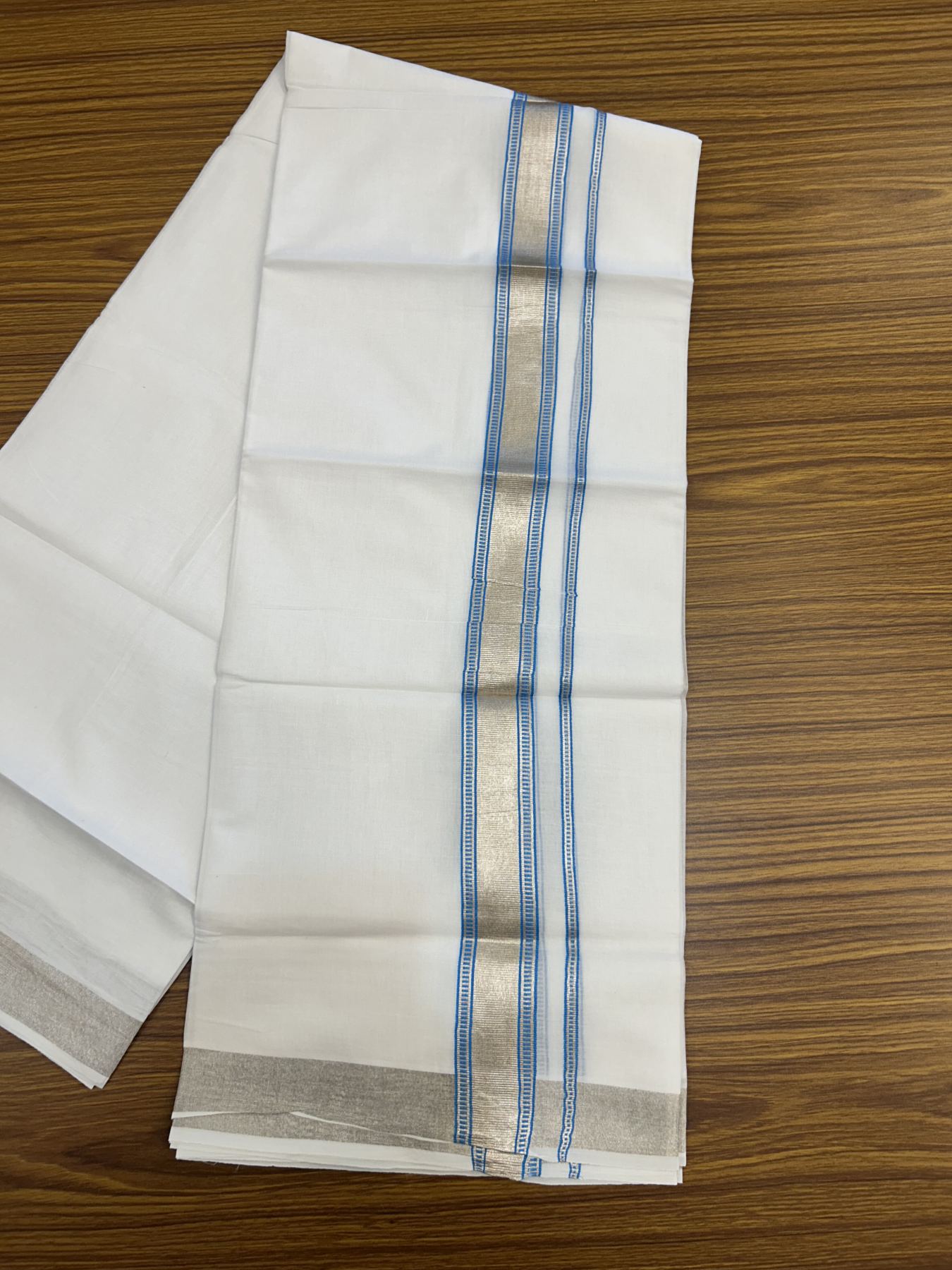 20% Discount!! KaithariKada Balaramapuram 100% Cotton Double Pure White Mundu/Dhoti - 100x100 - 1.5 inch Silver Kasav & Light Blue Design Kara 3.90 mtr (8 muzham) - 3 KK5318 GAN