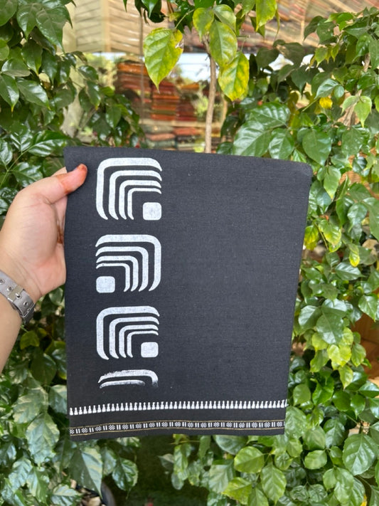 Kaitharikada - Polyster + Cotton - 20s twisted - Single Kaily / Lungi - 2.5 inch White Printed Kuppadam Border with Black colour body (2 meter / 4 muzham) -  75 KK8035 GAN