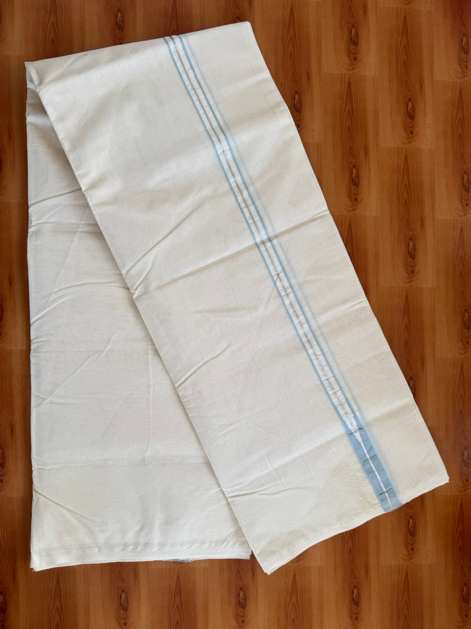 Double Off white Kerala Mundu / Dhoti - 20% Discount! KaithariKada 100% Cotton - 100x100 - Muthukuri Light Sky Blue Chutty & Silver Kasav kara 4 mtr (8.5 muzham) - 2 KK5486 ASH