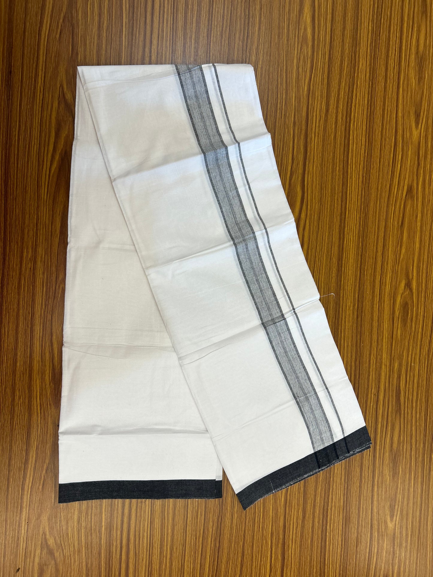 KaithariKada Balaramapuram 100% Cotton Single Pure White Mundu/Dhoti - (40s) - 1.5 inch Black Shaded Stripes kara 2 mtr (4 muzham) - 67 KK535 THI