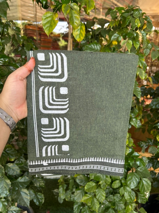 Kaitharikada - Polyster + Cotton - 20s twisted - Single Kaily / Lungi - 2.5 inch White Printed Kuppadam Border with Green colour body (2 meter / 4 muzham) -  78 KK8035 GAN