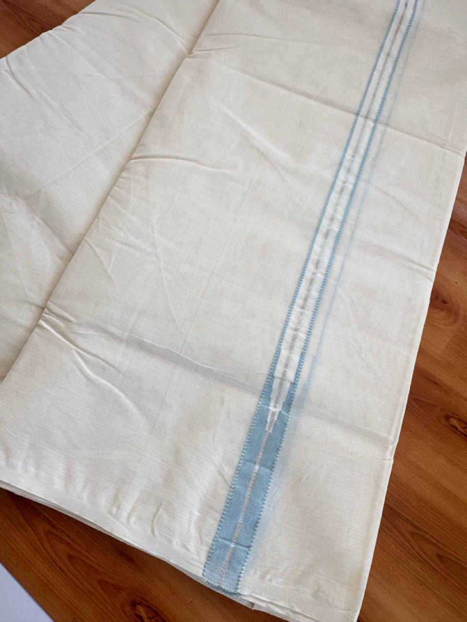 Double Off white Kerala Mundu / Dhoti - 20% Discount! KaithariKada 100% Cotton - 100x100 - Muthukuri Light Sky Blue Chutty & Silver Kasav kara 4 mtr (8.5 muzham) - 2 KK5486 ASH