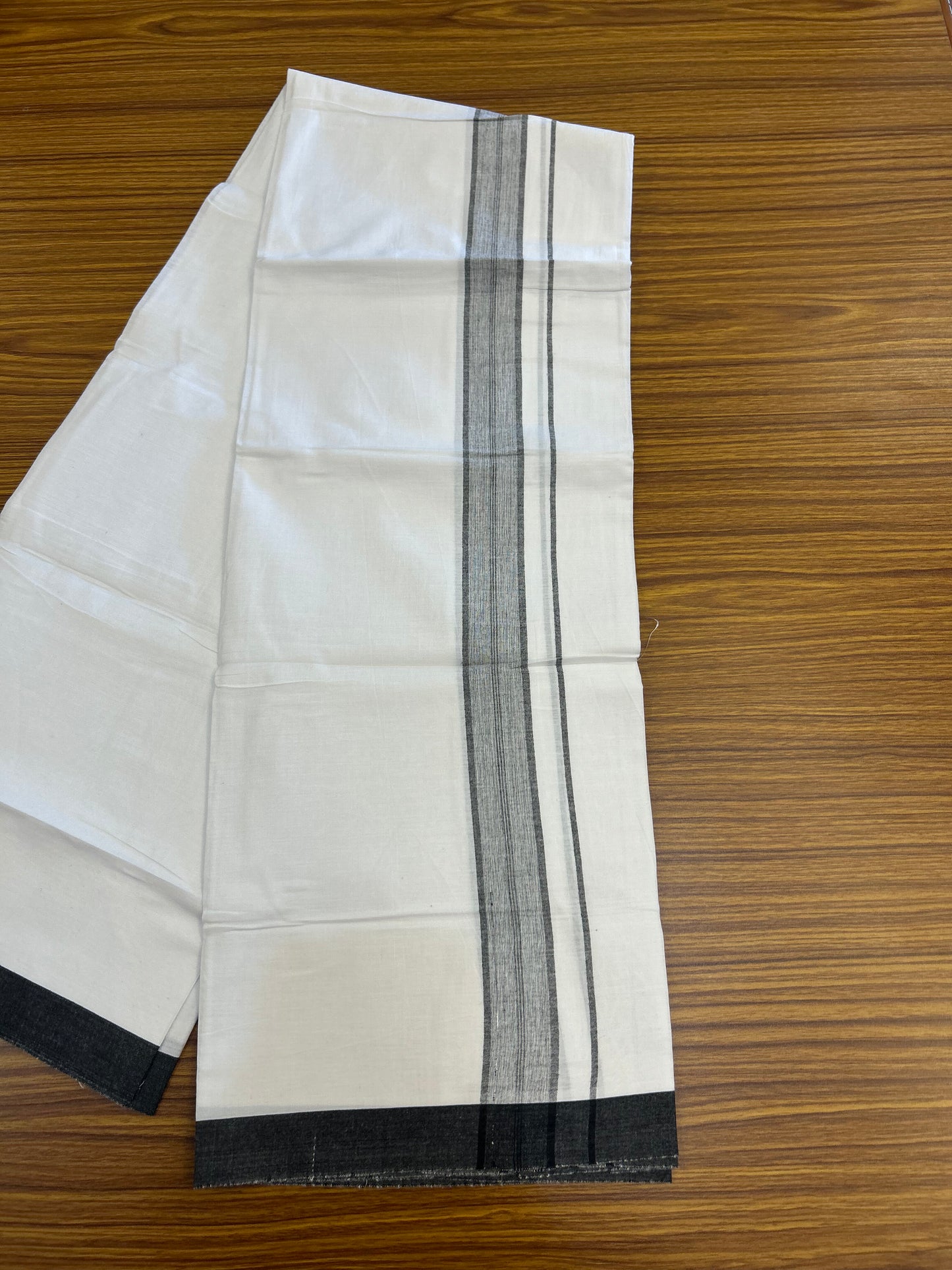KaithariKada Balaramapuram 100% Cotton Single Pure White Mundu/Dhoti - (40s) - 1.5 inch Black Shaded Stripes kara 2 mtr (4 muzham) - 67 KK535 THI