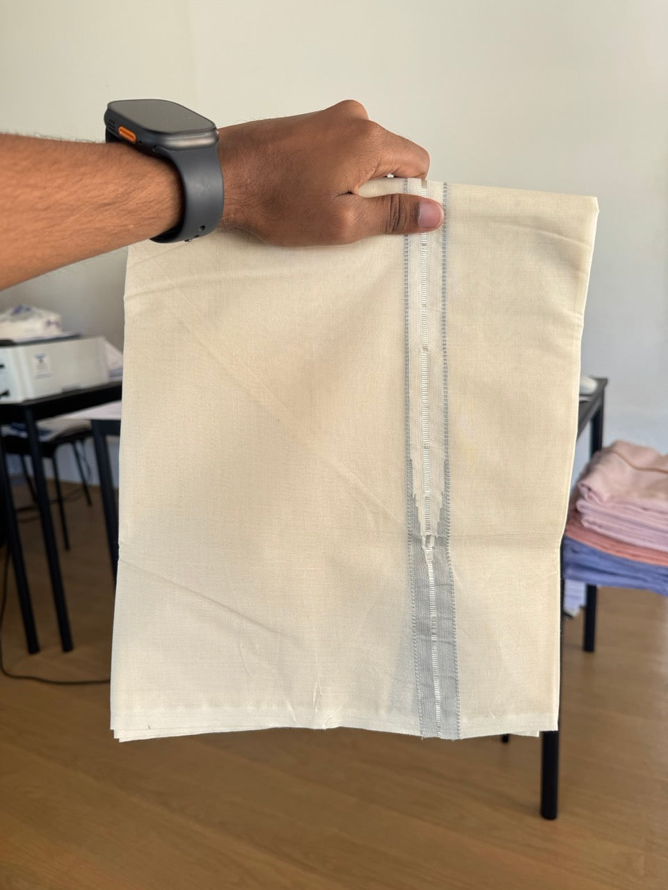 Double Off white Kerala Mundu / Dhoti - 20% Discount! KaithariKada 100% Cotton - 100x100 - Muthukuri Ash Grey Chutty & Silver Kasav kara 4 mtr (8.5 muzham) - 3 KK5486 ASH