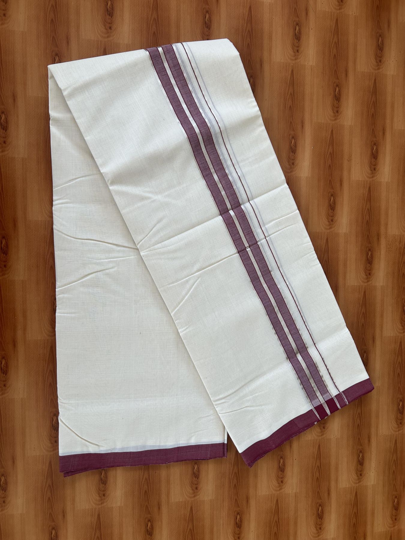 25% Discount ! KaithariKada Handloom Millpaav - Kerala Handloom - 100% Pure Cotton Off White (Unbleached) Double Mundu/Dhoti - 80x90 - 1.5 inch Silver Kasav & Maroon Shaded Striped Kara 4 Meters (8.5 Muzham) - 35 KK5386 RAM
