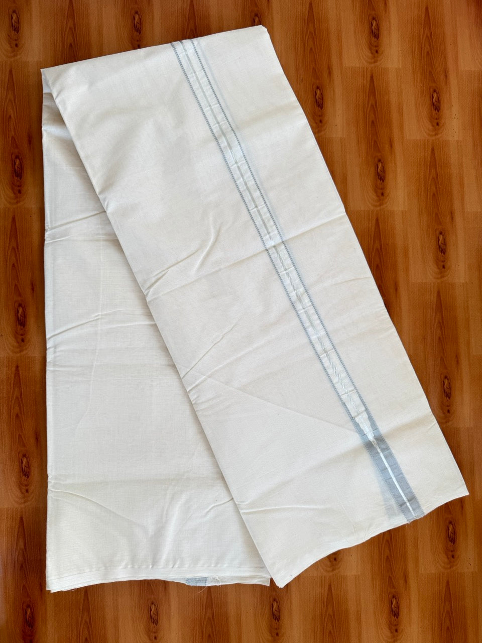 Double Off white Kerala Mundu / Dhoti - 20% Discount! KaithariKada 100% Cotton - 100x100 - Muthukuri Ash Grey Chutty & Silver Kasav kara 4 mtr (8.5 muzham) - 3 KK5486 ASH